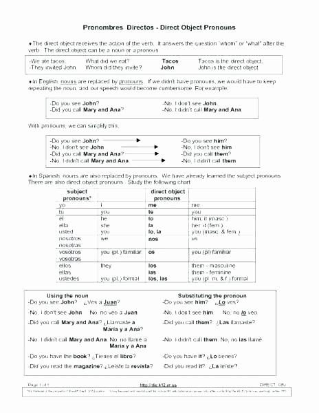 Pronoun Worksheets for 2nd Grade Subject and Object Pronouns Worksheets Direct Indirect