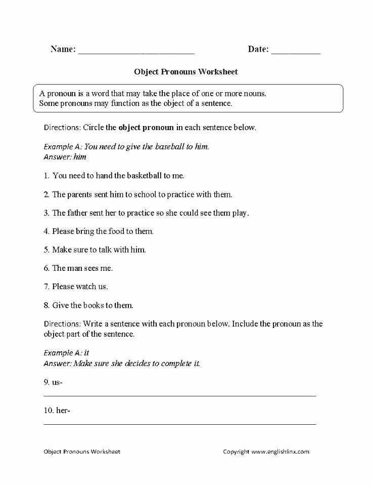 Pronoun Worksheets for 2nd Grade Subjective and Objective Case Pronouns Worksheets