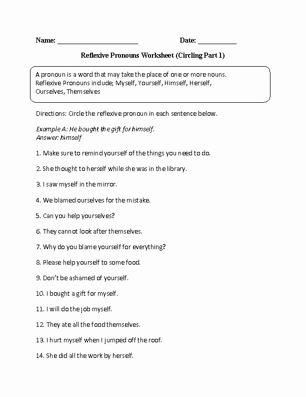 Pronouns Worksheet 2nd Grade Circling Reflexive Pronouns Worksheet