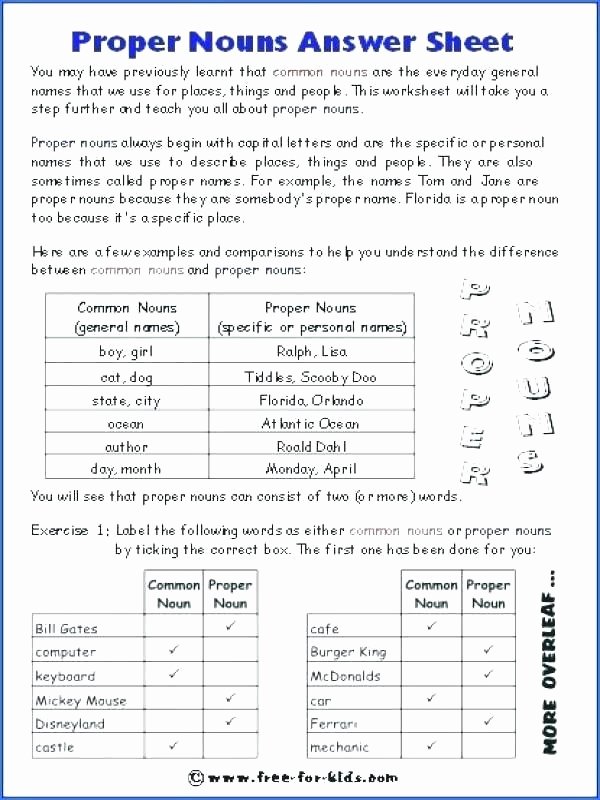 Proper Nouns Worksheet 2nd Grade Noun Worksheets High School Free Grammar to Her with