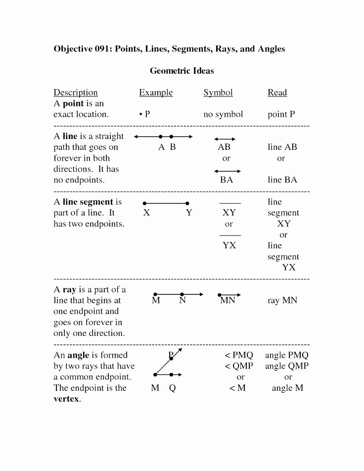Rays Lines Line Segments Worksheet Angles formed by Intersecting Lines Worksheet Math Points