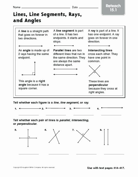 Rays Lines Line Segments Worksheet Line Segments Rays and Angles Reteach Worksheet Lines for