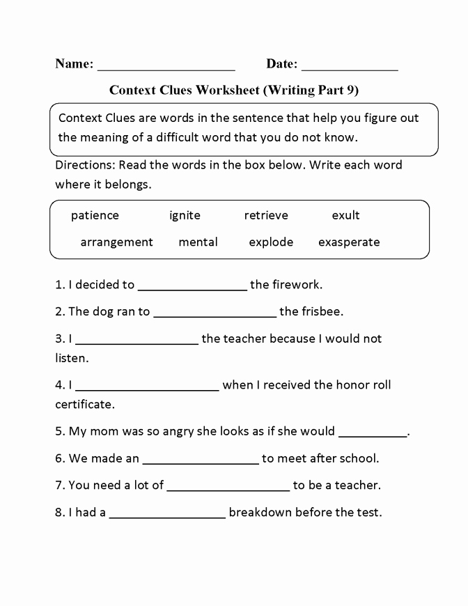 Reading In Context Worksheets Context Clues Worksheet Writing Part 9 Intermediate
