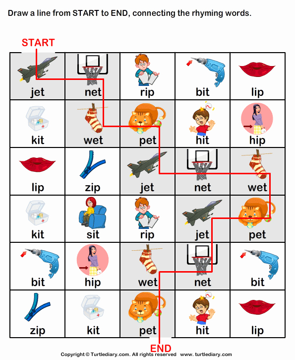 Rhyming Worksheets for Preschool Draw Line From Start to End Connecting Rhyming Words Et