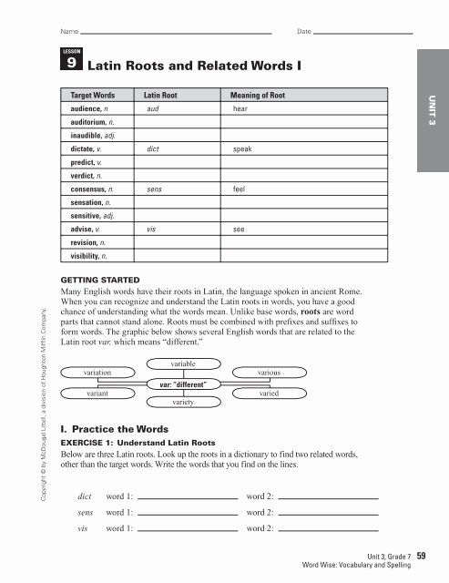 Root Word Worksheets Middle School Word Wise Lesson 9 Pdf Deerlake Middle School