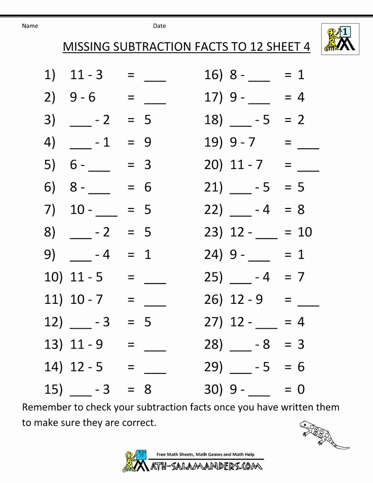Salamander Math Worksheet Printble Math Sheets Missing Subtraction Facts to 12 4