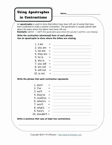Second Grade Grammar Worksheets Using Apostrophes In Contractions Free Printable Apostrophe