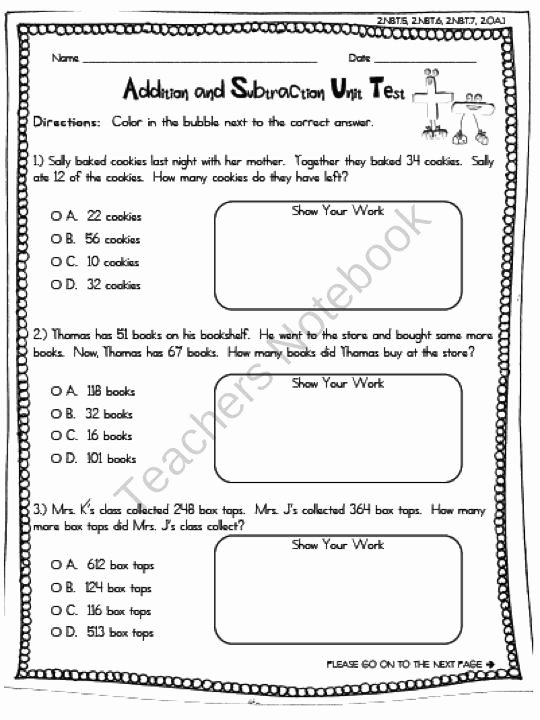 Second Grade Math Coloring Worksheets Addition and Subtraction Unit Test Aligned to 2nd Grade