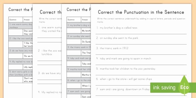 Sentence Fluency Worksheets Correct the Punctuation In the Sentence Differentiated