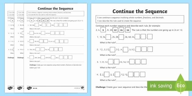 Sequencing events Worksheet Continue A Sequence Using whole Numbers Decimals and Fractions
