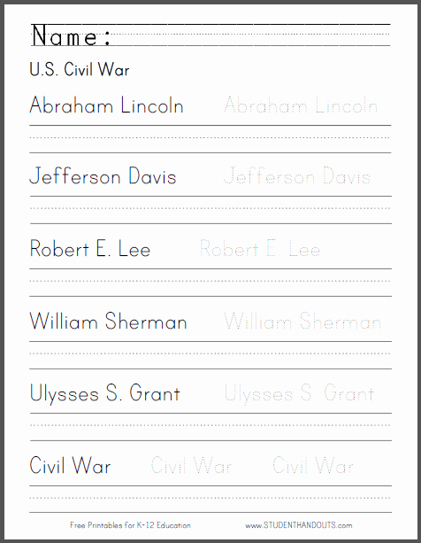 Social Studies Worksheet 1st Grade Luxury U S Civil War Leaders Handwriting Practice Worksheet In