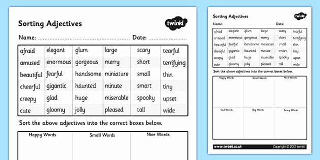 Sorting Worksheets for First Grade sorting Adjectives Worksheet Adjectives sorting Worksheets