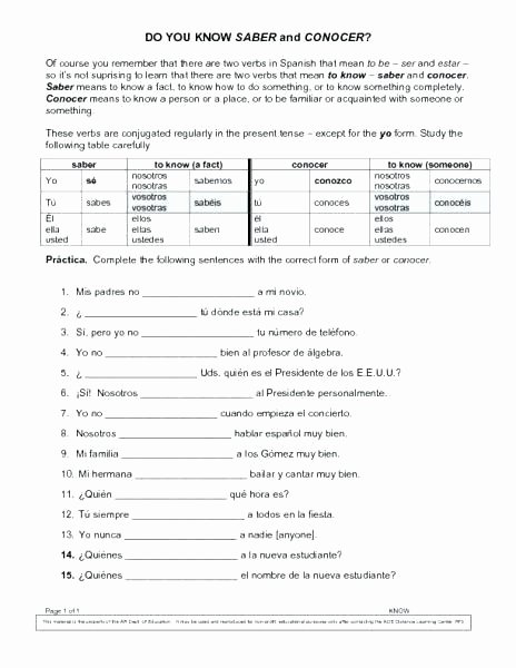 Spanish Conjugation Practice Worksheets Vs Practice Worksheet and Spanish Ser Estar Worksheets Mi