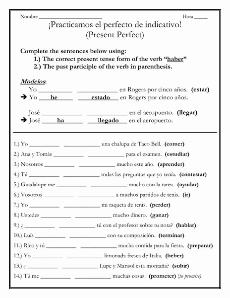 Spanish Present Progressive Worksheets Past Participle Spanish Worksheet Lovely Irregular Verbs