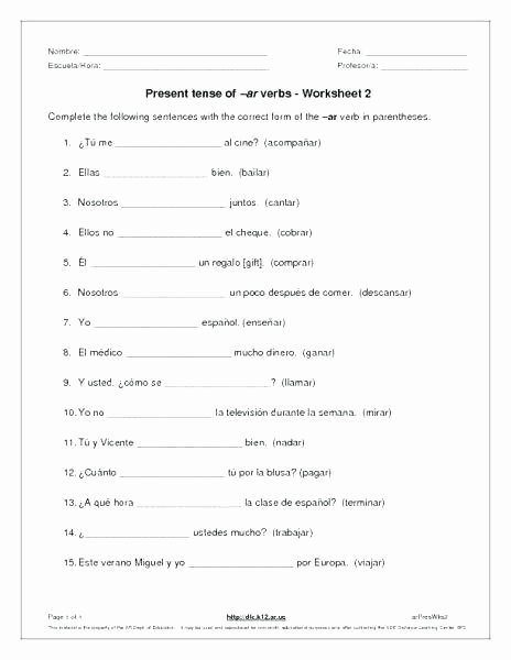 Spanish Verb Conjugation Worksheets Printable Verb Tenses Worksheet Pro Present Tense Verbs Worksheets