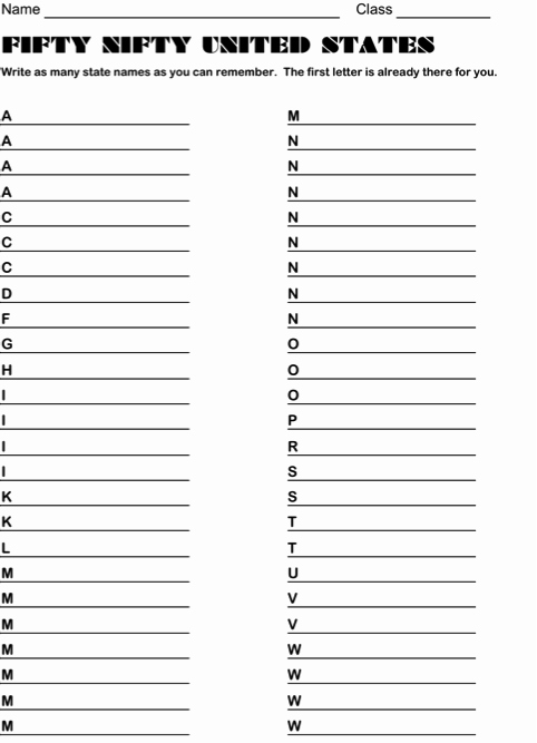 State Capitol Worksheets the Fifty States First Letter is Given and Students Fill In