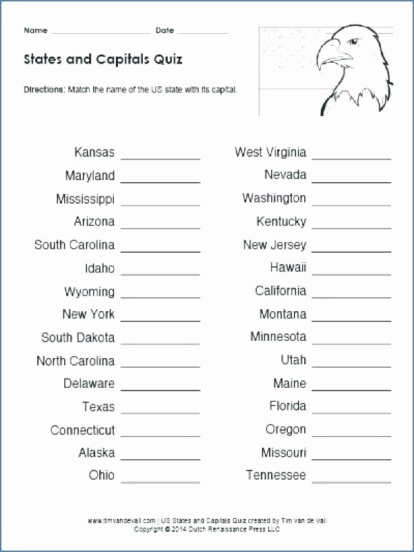 States and Capitals Quiz Printable 50 States Printable Worksheets