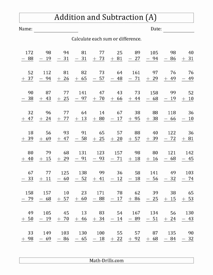 Subtracting Across Zeros Worksheet Pdf the 100 Two Digit Addition and Subtraction Questions with