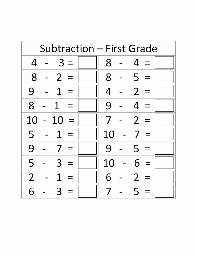 Subtraction Worksheet for 1st Grade Math Facts Practice Worksheets 1st Grade