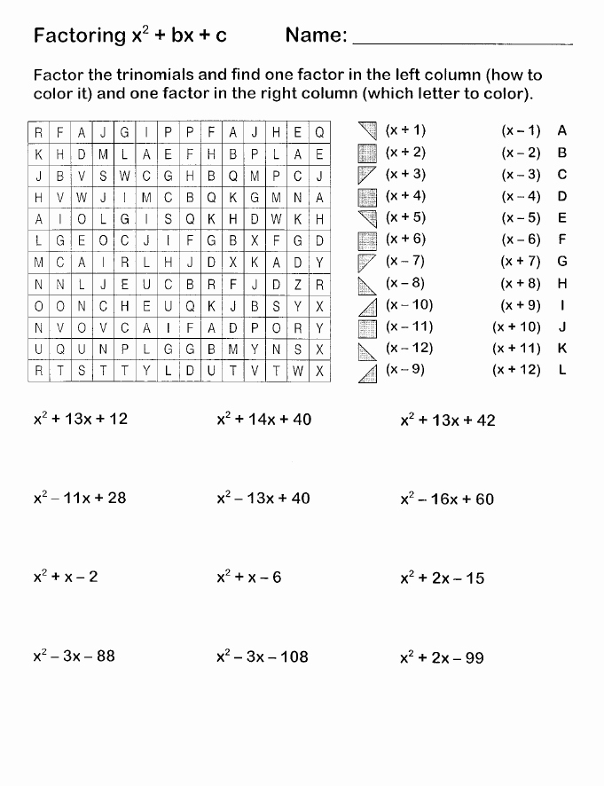 Thanksgiving Algebra Worksheets Easy Factoring Search and Shade Algebra