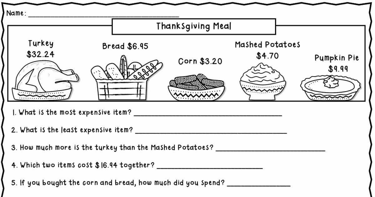 Thanksgiving Comprehension Worksheets Thanksgiving Meal Word Problem Pdf