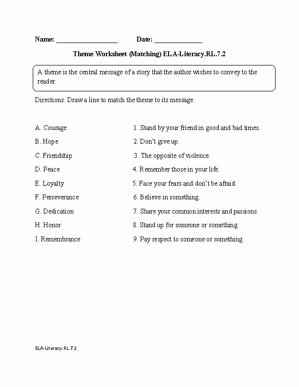 Theme Worksheets for Middle School theme Matching Reading Literature Worksheet theme Matching
