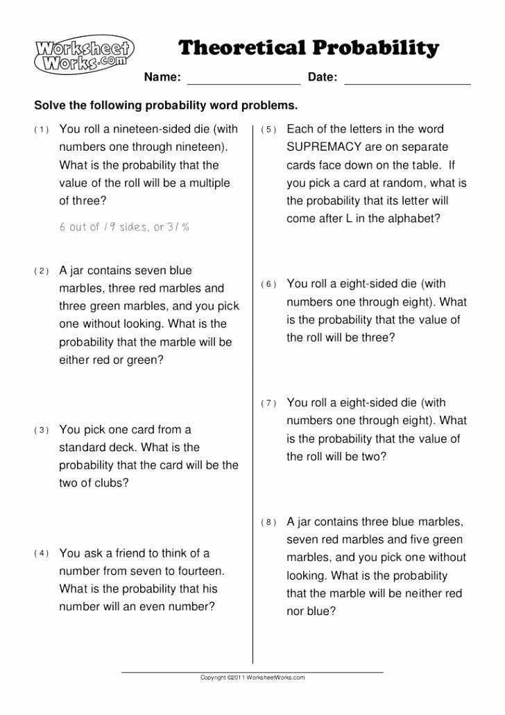 Theoretical Probability Worksheets 7th Grade 8th Grade Probability Worksheets