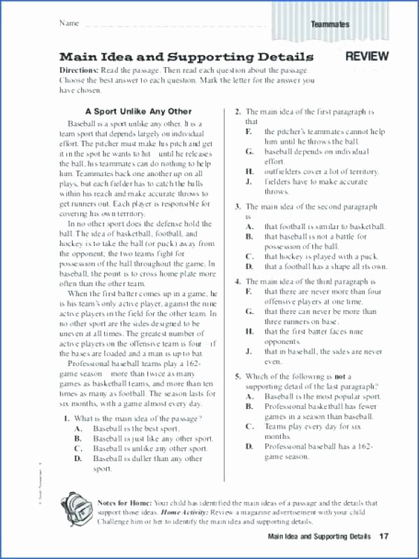 Topic Sentence Worksheets 4th Grade Main Idea and Supporting Details Worksheet Grade Identifying