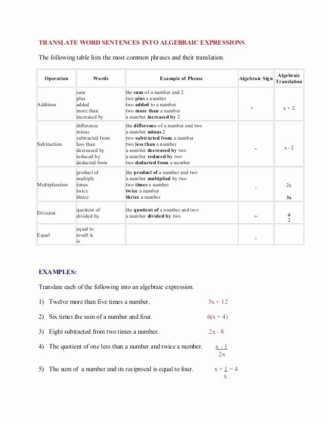 translating word phrases into algebraic expressions translating verbal phrases into algebraic expressions worksheet pdf
