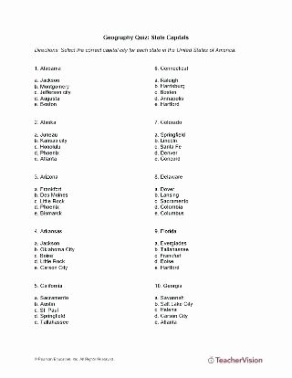 United States Capitals Quiz Printable State Capitals Worksheets 4th Grade