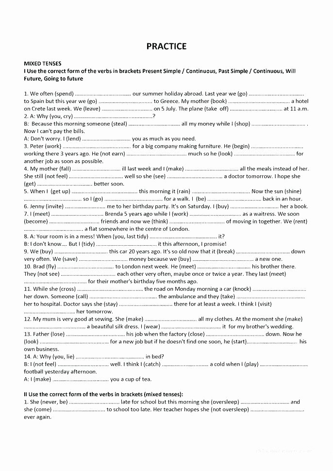 Verbs Past Present Future Worksheet Tenses Worksheets for Grade 7 Exercise 7th Perfect