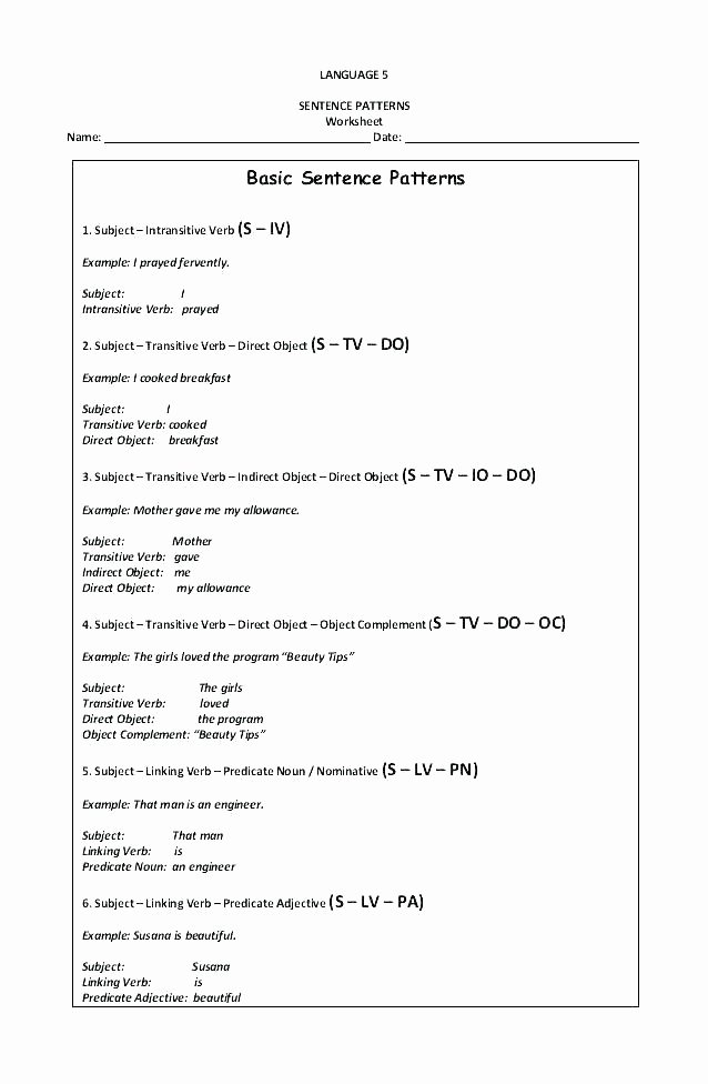 Verbs Worksheets for Middle School Linking Verb Worksheets Middle School Direct Object