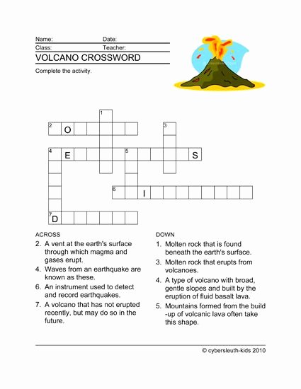 Volcano Reading Comprehension Worksheets Volcano Printable Crossword Puzzles for Kids