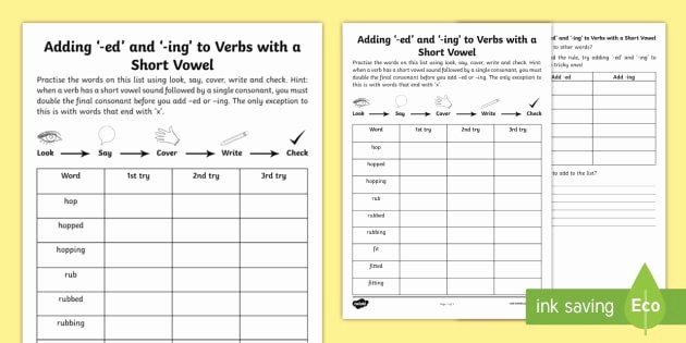 Vowel Consonant E Worksheets Year 2 Spelling Practice Adding Ing and Ed to Verbs with A