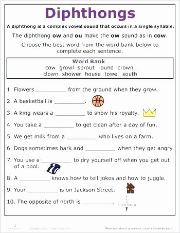 Vowel Diphthongs Worksheet Ow Oi Worksheet for Kindergarten Ou Activities First Grade