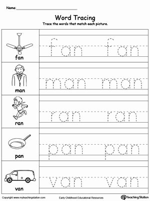Word Family Worksheet Kindergarten Word Tracing An Words Word Family Worksheets