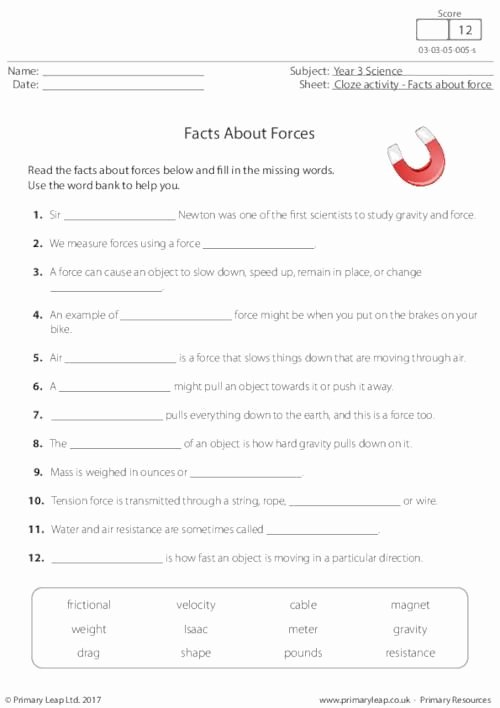 Worksheets On force and Motion Primaryleap Cloze Activity Facts About forces