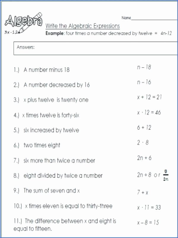 Writing Numerical Expressions Worksheets Translate Algebraic Expressions Worksheet with Answers Math