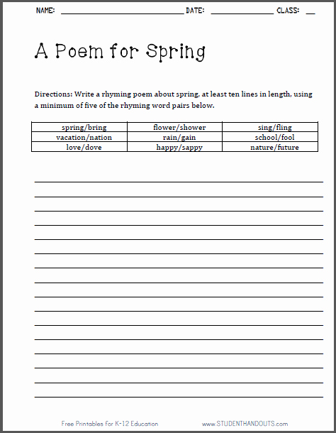 Writing Worksheets 4th Grade A Poem for Spring Poetry Writing Worksheet